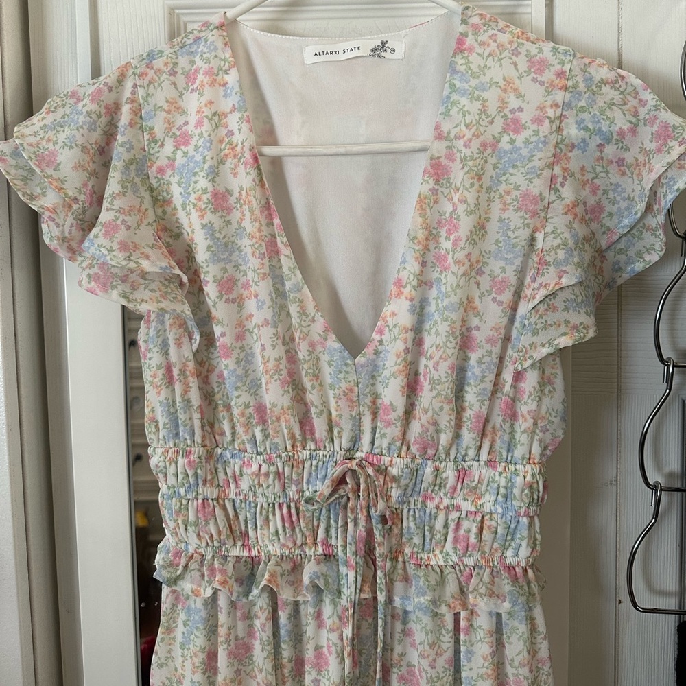 Altard State Floral V-Neck Tiered Ruffle Maxi Dress XS-S Cottagecore Pastel Boho - Picture 3 of 6